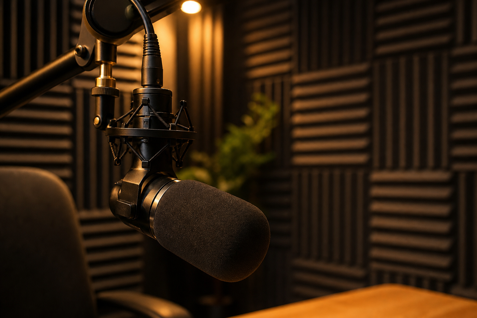 Acoustic recording booth with professional podcast microphone under warm spotlight
